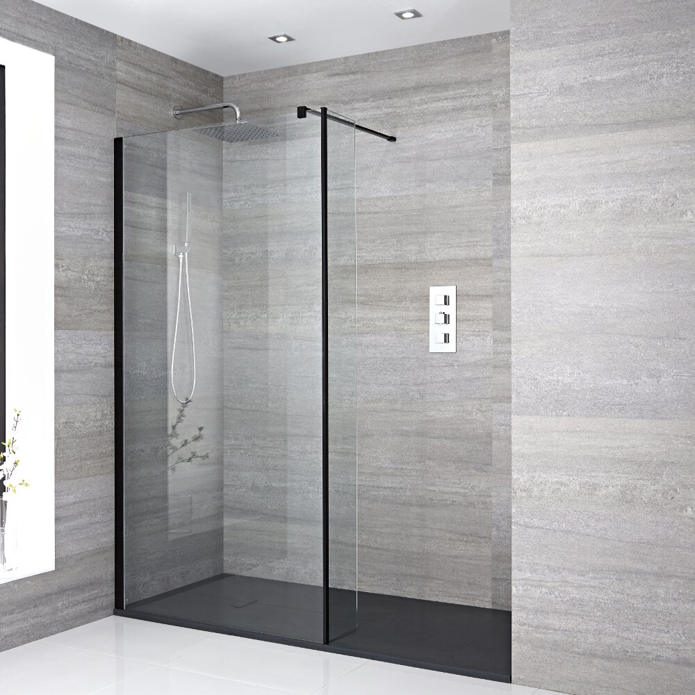 Milano Nero Recessed Walk-In Shower Enclosure (1400 x 800mm) - Inc. Slate Tray & Return Panel
