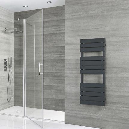 Milano x Ecoso Lustro - Electric Designer Anthracite Flat Panel Heated Towel Rail - Choice of Size, Heating Element and Cable Cover