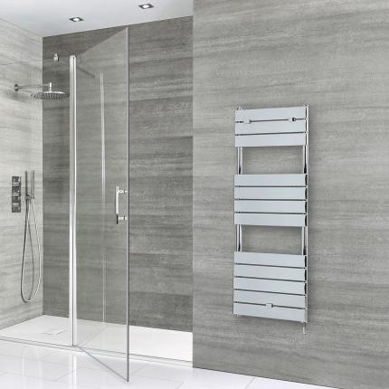 Milano x Ecoso Lustro - Electric Designer Chrome Flat Panel Heated Towel Rail - Choice of Size, Heating Element and Cable Cover