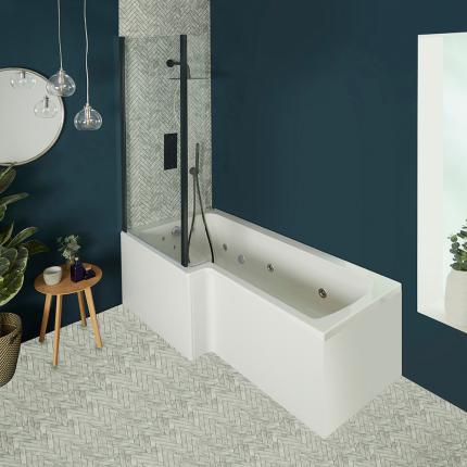 Milano Elswick - Whirlpool L-Shaped Spa Shower Bath with Black Screen - Choice of Jets, Sizes and Panels