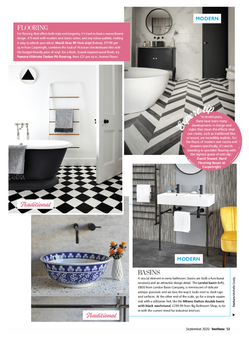 Magazine feature in Your Home magazine featuring the Milano Dalton double basin with black washstand