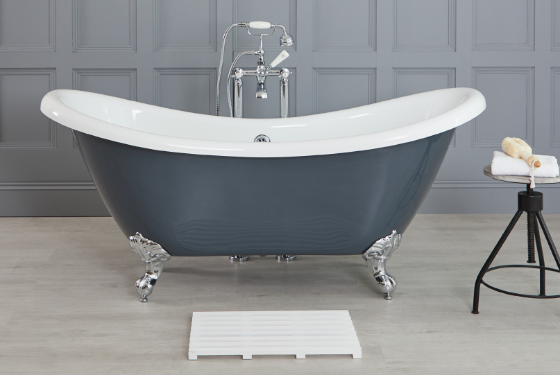 Milano Hest stone grey traditional double ended freestanding slipper bath with chrome feet