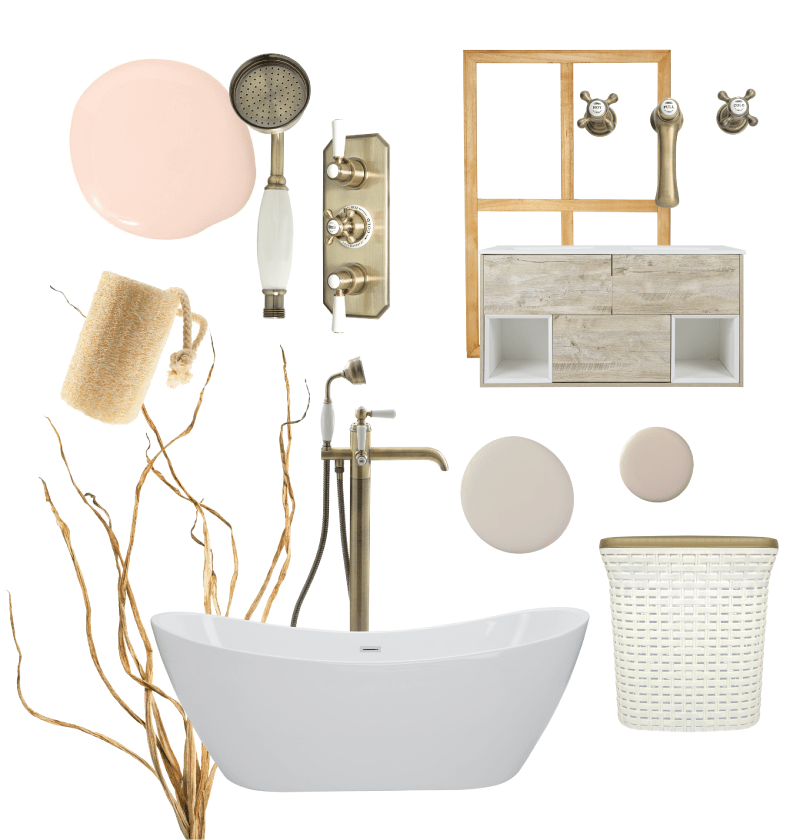  Neutral Scandinavian style bathroom mood board featuring Milano Elizabeth brushed gold products